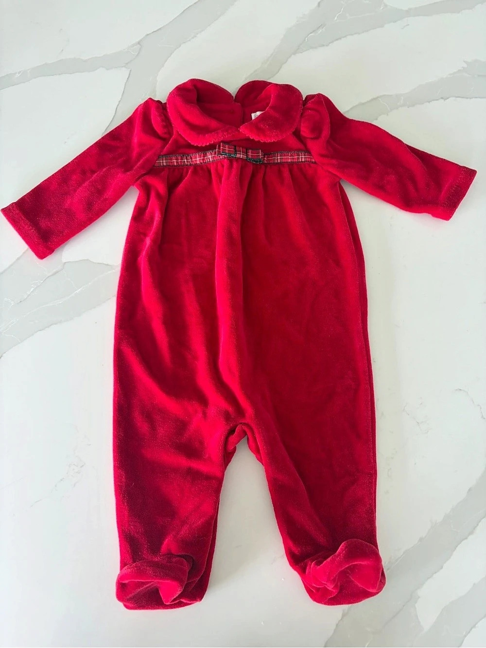 Ralph Lauren Vtg 90s y2k Red Velour Plaid Bow Christmas Footed Coverall 3M